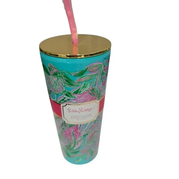 Lilly Pulitzer Coming In Hot 24oz Tumbler With‎ Straw Pink Blue Floral Cup