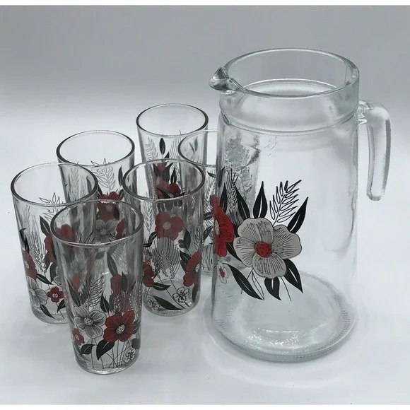 Cerve Glass Juice Pitcher‎ &6 Glasses Black/Red &white  Flowers Made in Italy