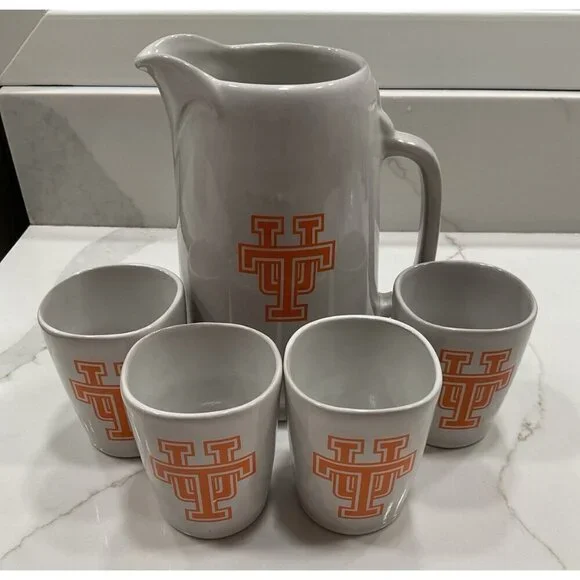 Frankoma Pottery Rare University of Texas Water Pitcher and 4 Cups