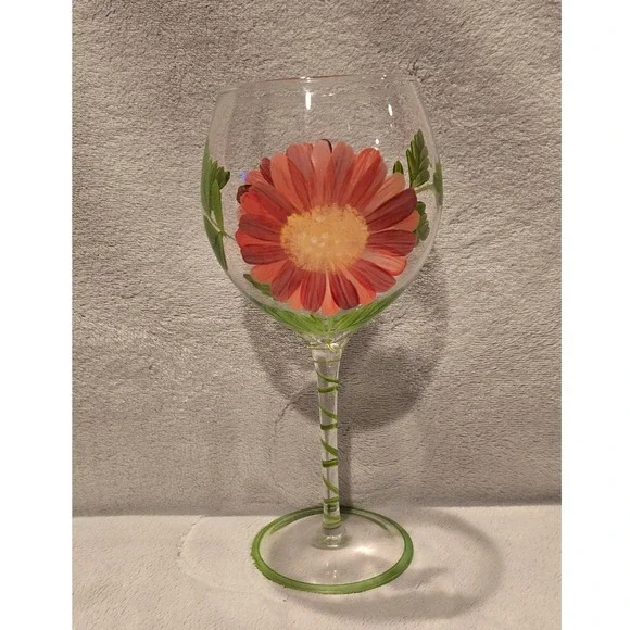 Hand Painted Floral Wine Glass Red Daisy Gerbera Flower Green Spiral Stem‎