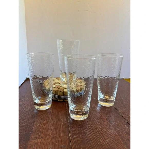 Set 4 Hammered Texture Clear Glass Highball Tumblers 6.25 Inch Iced Tea Glasses