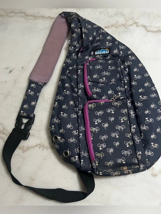 Meru Blue Canvas Sling Bag Cute Bicycle Print  Needs Cleaned See Pics.