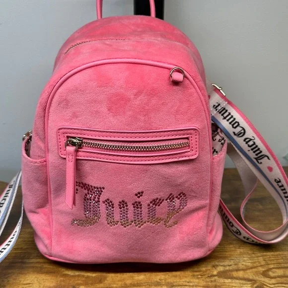 Juicy Couture Pink‎ Velour Mini Backpack Rhinestone Logo Webbed Straps Y2K Style