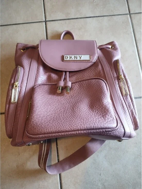 DKNY Pink Backpack Gold Hardware Drawstring Zip Women's Medium Outer Pockets