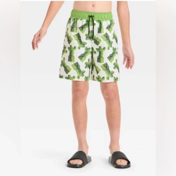 Boys' Minecraft Movie Art Swim Shorts - White/Green M: UPF 50+ Microfiber Board