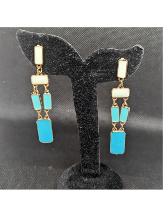 Kate Spade Gold Tone Blue Enamel Rectangle Dangle Drop Statement Earrings
