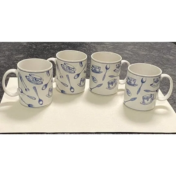 Set of 4 Fitz & Floyd‎ Omnibus Habitat Americana Colony Blue Mugs