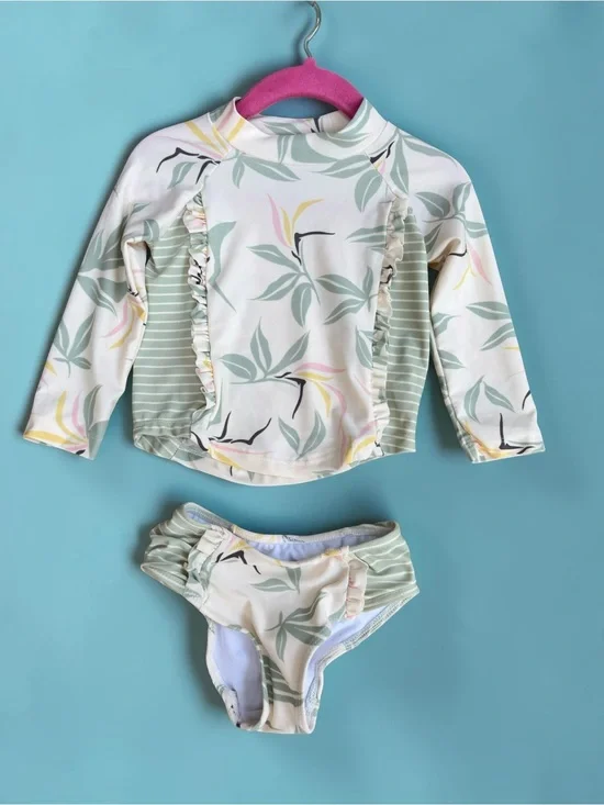 Jessica Simpson Girls Floral Long-Sleeve Rash Guard Set - White, Sage & Yellow