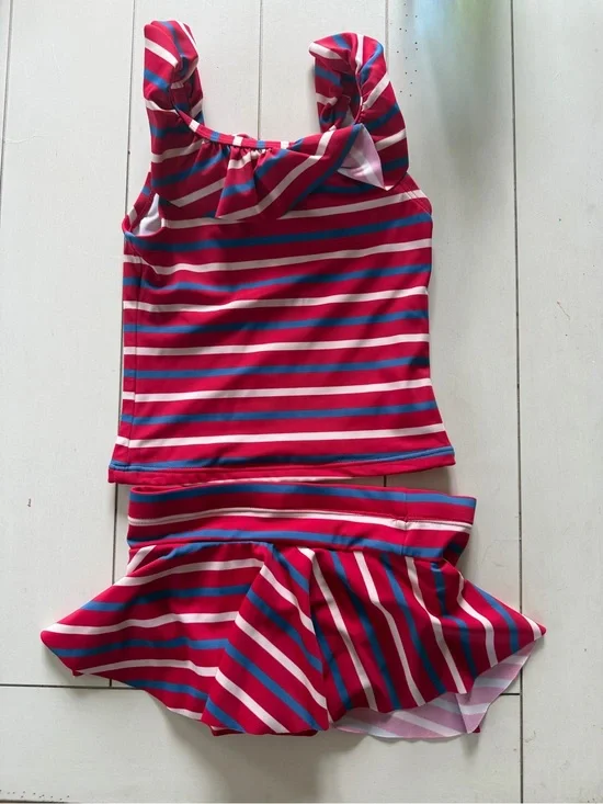 Hanna Andersson Pink, White & Blue Striped Two-Piece Swim Set
