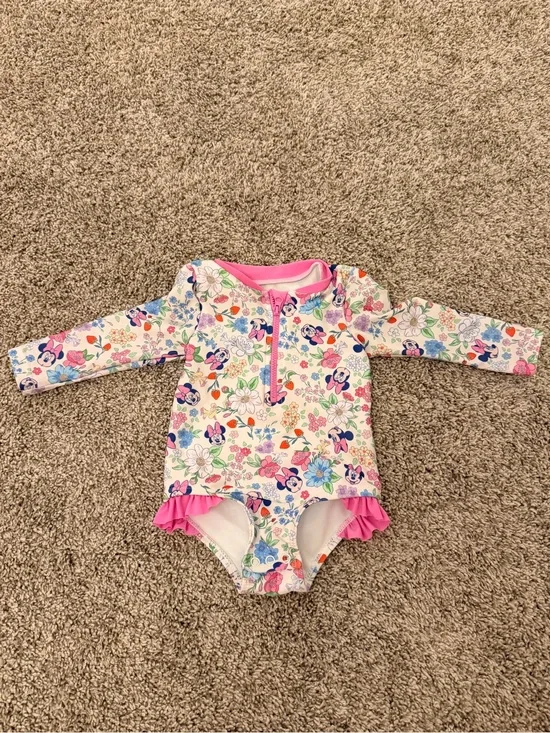 Disney Baby Floral Minnie Rash Guard Swimsuit with Pink Trim