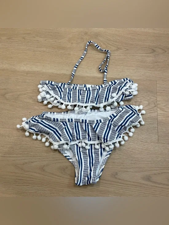 Stella Cove Navy & White Striped Bikini Set with Pom Trim