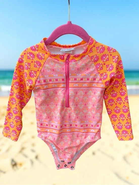 Nicole Miller Pink & Orange Girls' Long-Sleeve Rashguard Suit