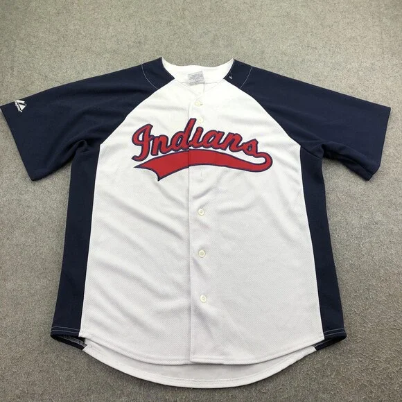 Vintage Cleveland Indians Jersey Mens XL White Blue MLB Majestic Button Front