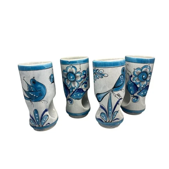 4 Tonala Pierced Tumblers Blue Bird , Flowers Hand Painted Vtg Mexico‎ Pottery