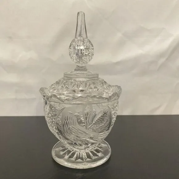 Vintage Hofbauer Byrdes Birds Clear Cut  Glass‎ Bird  Image Sugar Bowl