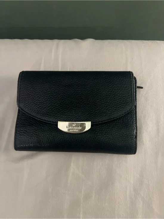 kate spade Black Pebbled Leather Compact Wallet with Silver Hardware