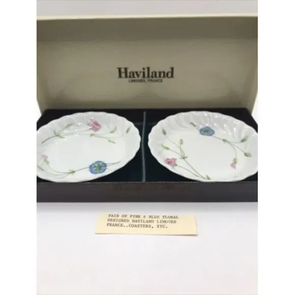 2 Haviland Limoges Coasters - Presentation Box Pink Blue‎ Floral