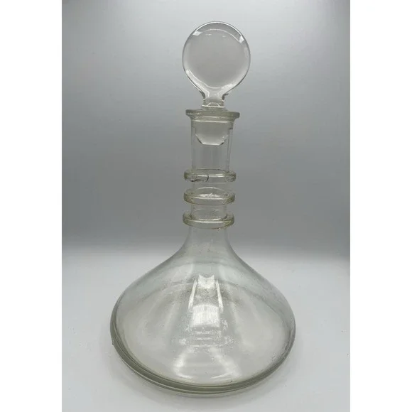 Clear Glass Ship's Ring Decanter Liquor Wine Whiskey Stopper Wide‎ Bottom VTG AC