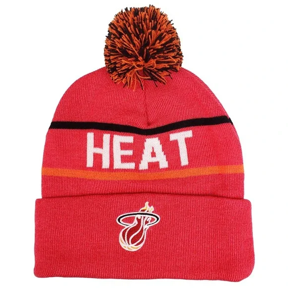Miami Heat Mitchell & Ness NBA Cuff‎ Knit Beanie Pom Hat Cap Bright Red NWT