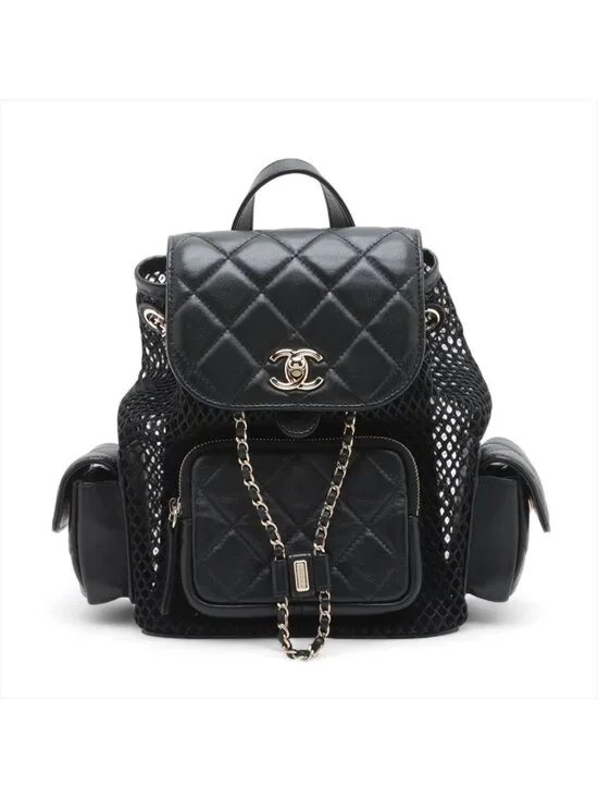 Chanel Quilted Lambskin Chain Backpack Mesh Black Gold Random Plate