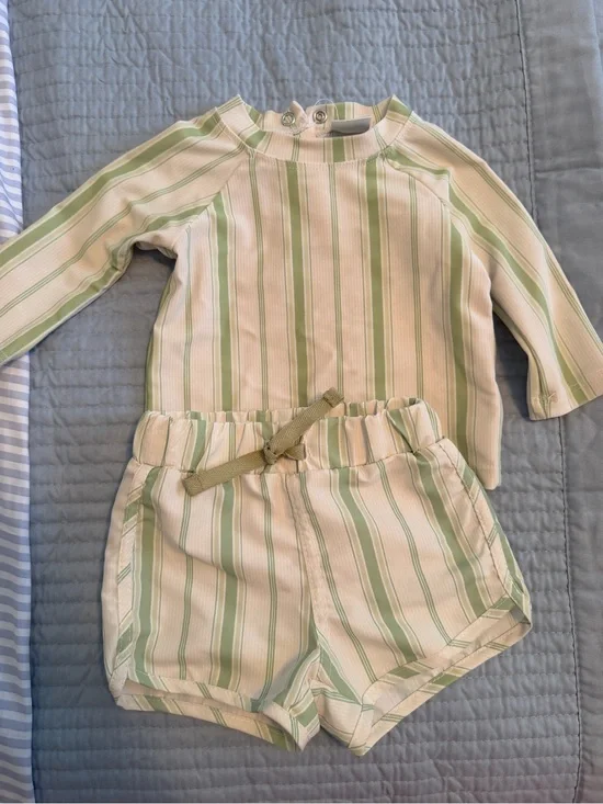 Edgehill Collection Green & Cream Striped Baby Outfit