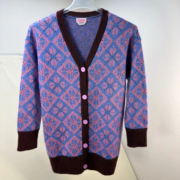 Kate Spade Cardigan Women XXS Purple Pink Geometric Argyle V-Neck Sweater