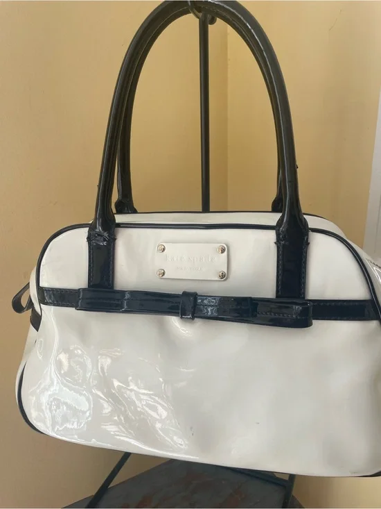 kate spade White and Black Patent Satchel with Bow Trim