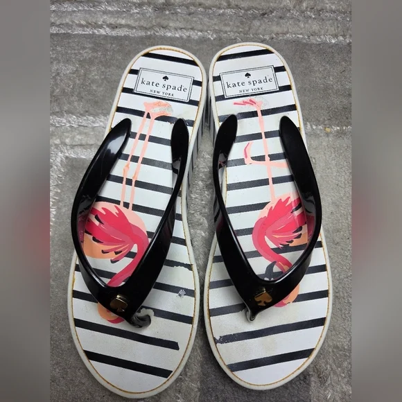 kate spade Black Striped Flip Flops with Pink Flamingo Print