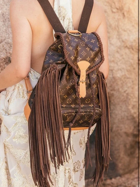 Vintage Boho Louis Vuitton Reworked Luxury Monogram Brown Fringe Leather Backpac