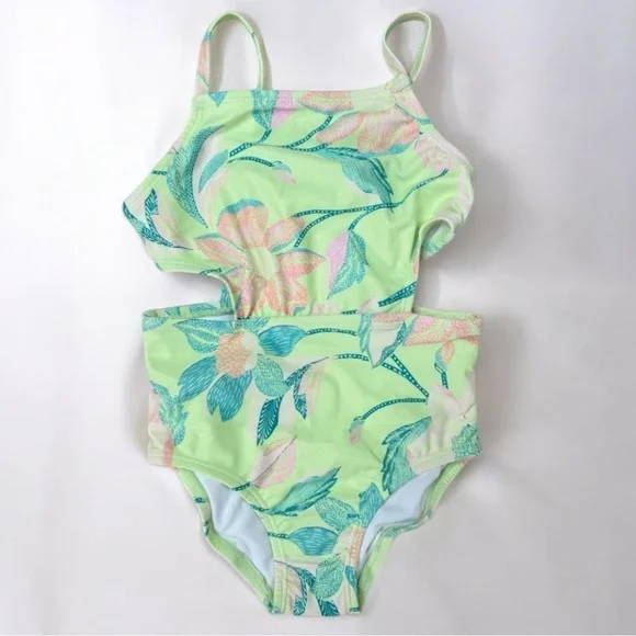 OshKosh B'gosh Girls One Piece Cutout Swimsuit Tropical Floral Green Size 4/4A