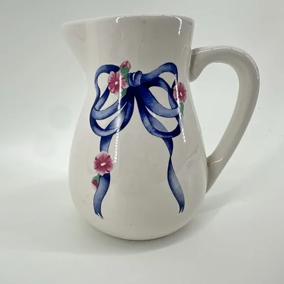VTG‎ White Pitcher W/Bow Ribbon Cottage Shabby Chic Country Cottage