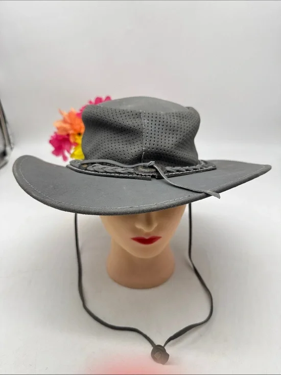Wide Brim Perforated Faux Leather Outback Hat - Gray XL