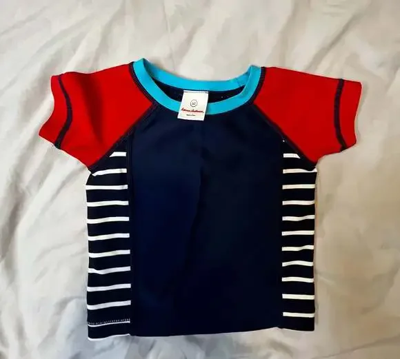 Hanna Andersson Toddler Boys Rash Guard Swim Shirt Red Navy Blue Striped