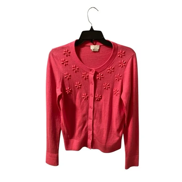 Kate Spade Cardigan Sweater Floral Cluster Havana Coral Beaded Silk Blend Sz M‎