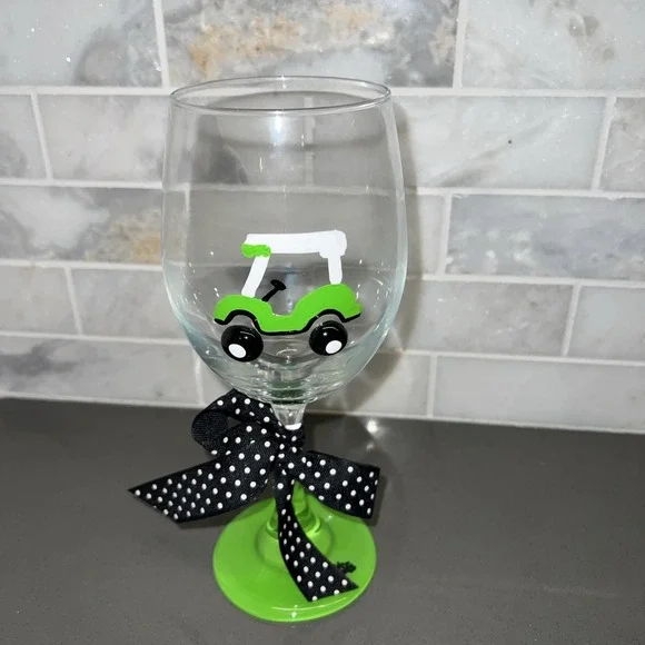 New Golf Cart Wine Glass Green Painted Art USA Gift Decor Gifts