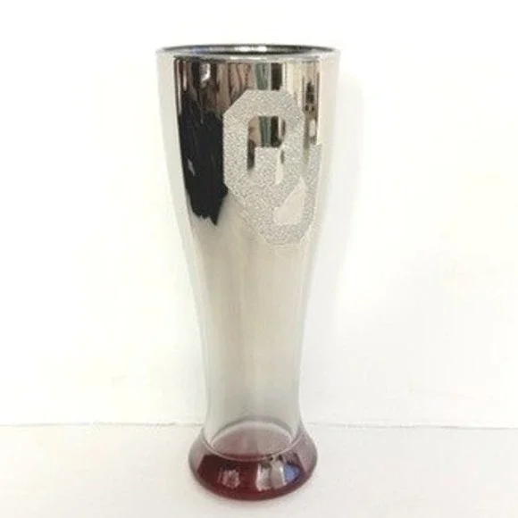 Oklahoma Sooners Silver MIRROR Logo Pilsner‎ Glass Crimson STICKERS gift beer