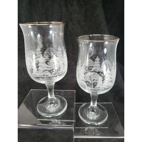 Arby's Libbey Glass Vintage Winter Wonderland Goblets Trees Snow Gold Rim 1980s