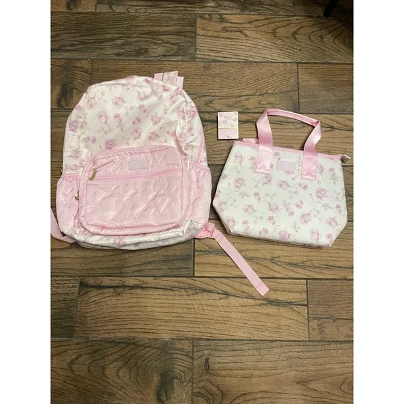 LoveShackFancy x Yoobi Pink Floral Rose Backpack Gold Bow Zippers NWT