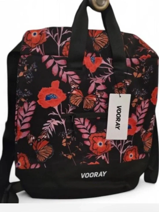 NWT Vooray Flex Cinch Backpack Black Poppy Floral Butterfly 23L