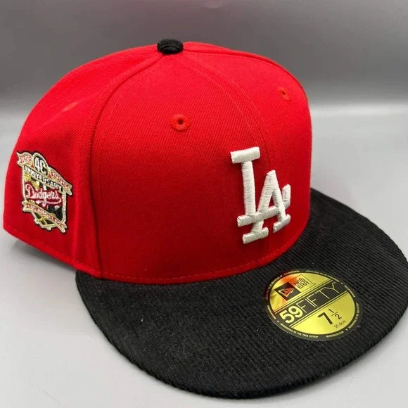 Los Angeles LA Dodgers Hat Men 7 1/2 Red Corduroy 59Fifty New Era MLB Fitted Cap
