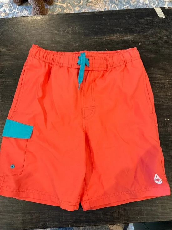 Kids Coral Swim Trunks with Teal Accents