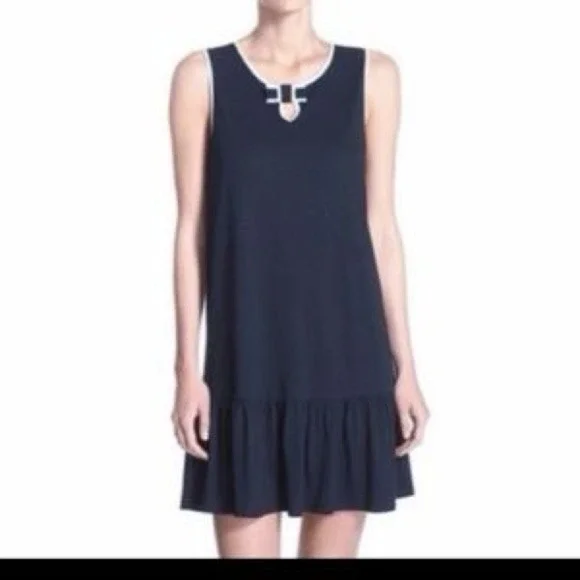 Kate Spade Navy Blue Sleeveless Bow Keyhole Ruffle Hem Shift Dress‎ Small