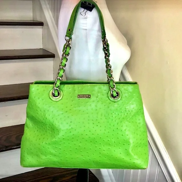 KATE SPADE Lime Green Embossed Ostrich Leather Oversized Tote w Silver Hardware