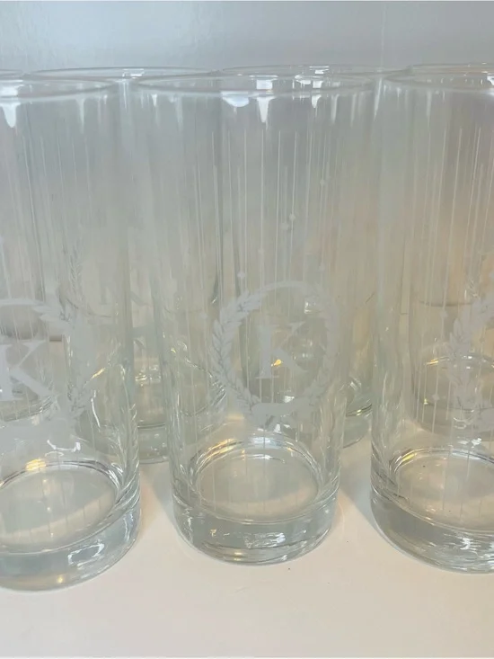 ‘K’ Monogrammed, Classic Clear Etched Highball Glasses - Set of Tall Tumblers,
