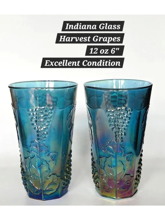 Indiana Glass Harvest Grapes Blue Carnival Glass Tumblers 12 Oz 6