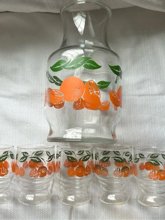 VTG Anchor Hocking Orange Juice Carafe Pitcher W 5 Juice Glasses Retro 70s EUC