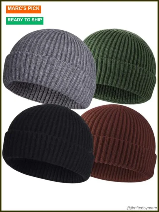 Wool Fisherman Beanies 4 Pack Knit Short Watch Cap Winter Hats