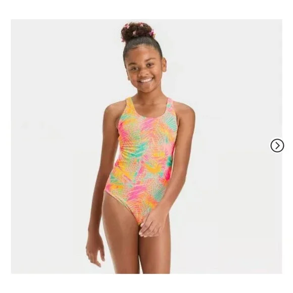Art Class Girls One-Piece Swimsuit Ribbed Knit Multi Tropical Print Sz M NWT