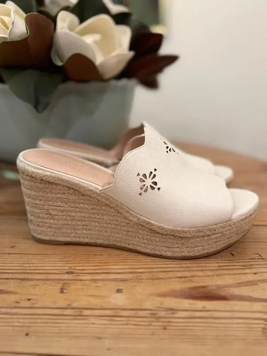 Kate Spade White Leather Espadrille Wedge Slide Sandals Laser Cut Size 10M