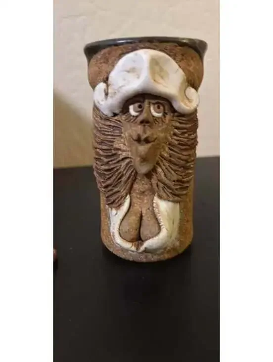 Signed AP Hand-Thrown Pottery Mug with Sculpted Female Figure